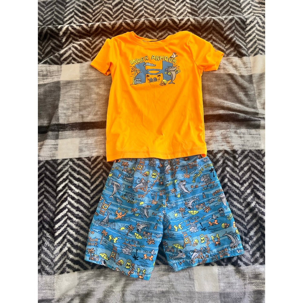 Boys Under Armour Rashguard Swim Set Size 5 Orange Blue